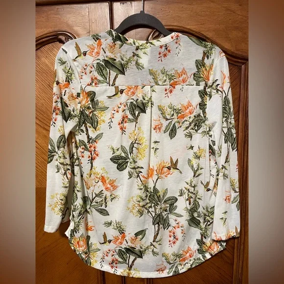 H&M Floral Sheer Blouse Tunic Top bird hummingbird cream green orange yellow - Picture 2 of 12
